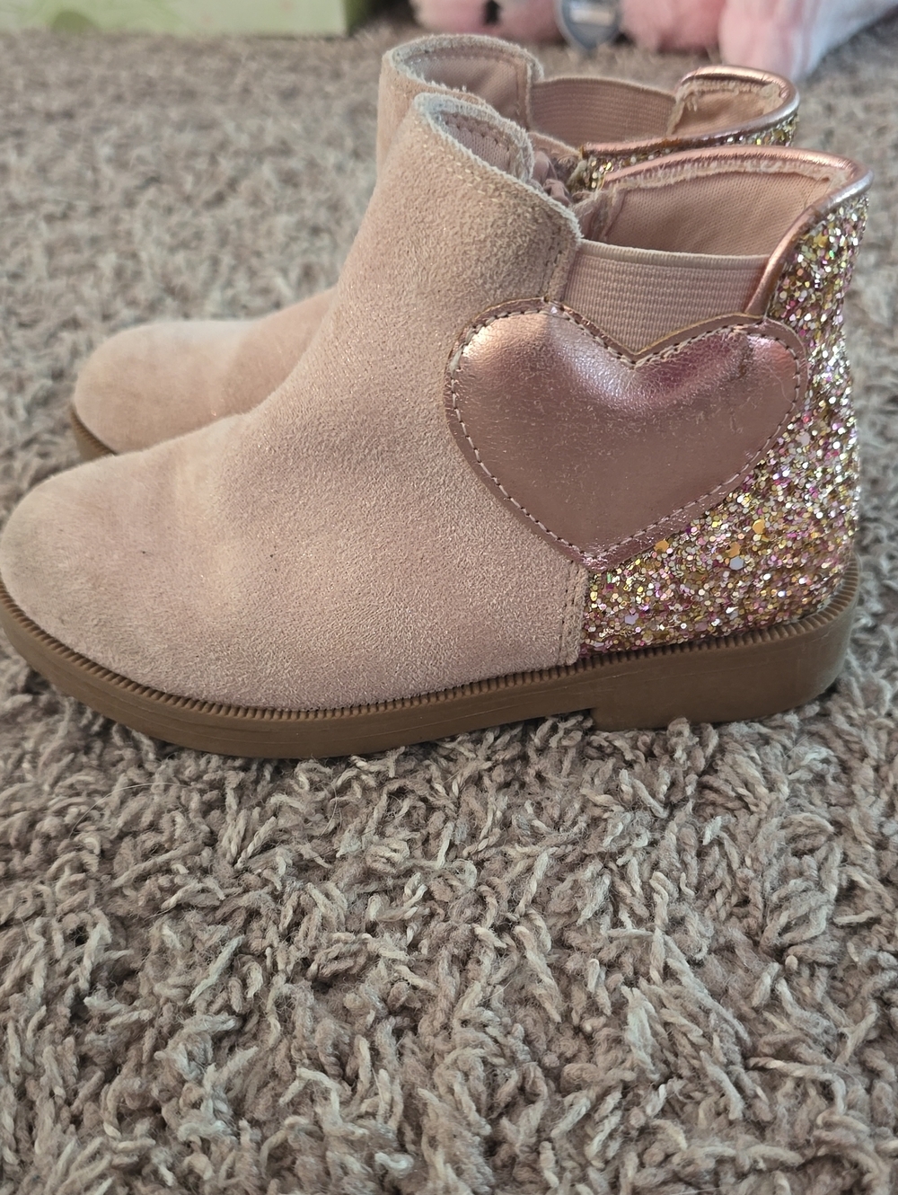 Kids Pink Heart Glitter Ankle Boots